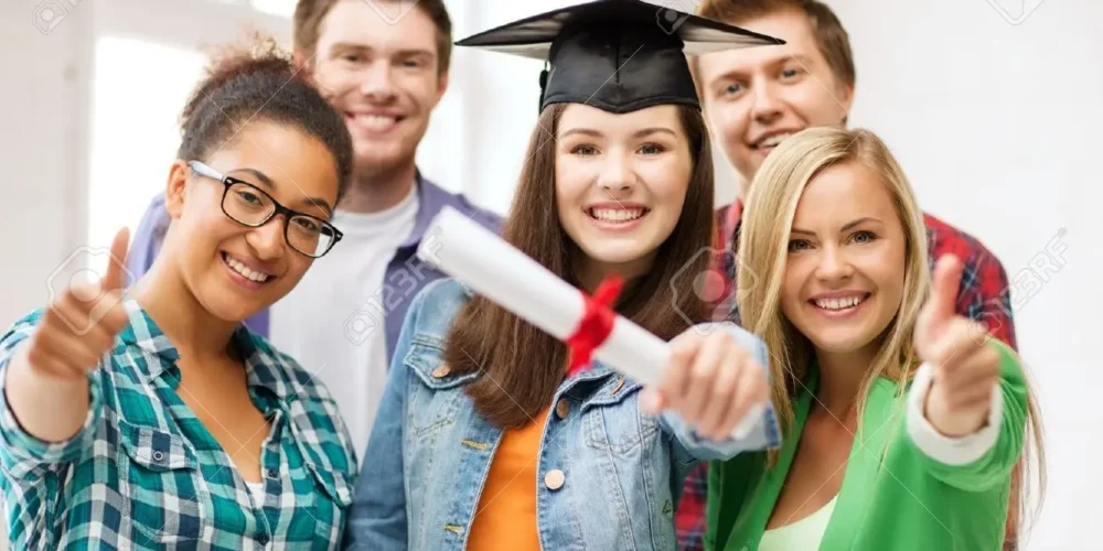 20672240-education-happy-girl-in-graduation-cap-with-certificate-and-students